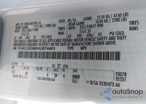 2017 Ford Escape Se z USA, uszkodzony, nr VIN 1FMCU0G98HUB74453